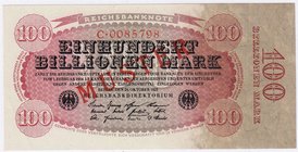Banknoten
Die deutschen Banknoten ab 1871 nach Rosenberg
Deutsches Reich, 1871-1945
100 Bio. Mark 26.10.1923. Kn 7-stellig, Serie C., mit rotem Auf...