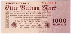Banknoten
Die deutschen Banknoten ab 1871 nach Rosenberg
Deutsches Reich, 1871-1945
1 Bio. Mark 1.11.1923. Kn. 6-stellig, Serie R.
I