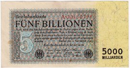 Banknoten
Die deutschen Banknoten ab 1871 nach Rosenberg
Deutsches Reich, 1871-1945
5 Bio. Mark 1.11.1923. Kn. 8-stellig, Serie A.
III-II, kl. Fle...