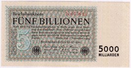 Banknoten
Die deutschen Banknoten ab 1871 nach Rosenberg
Deutsches Reich, 1871-1945
5 Bio. Mark 1.11.1923. Kn. 6-stellig, Serie K.
I-