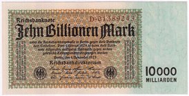 Banknoten
Die deutschen Banknoten ab 1871 nach Rosenberg
Deutsches Reich, 1871-1945
10 Bio. Mark 1.11.1923. Kn. 8-stellig, Serie D.
I