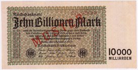 Banknoten
Die deutschen Banknoten ab 1871 nach Rosenberg
Deutsches Reich, 1871-1945
10 Bio. Mark 1.11.1923. Kn. 6-stellig, Serie V, mit rotem Aufdr...