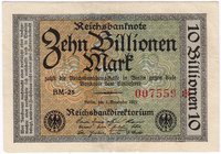 Banknoten
Die deutschen Banknoten ab 1871 nach Rosenberg
Deutsches Reich, 1871-1945
10 Bio. Mark 1.11.1923. Kn. 6-stellig, Wz. Hakensterne, Serie B...
