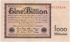 Banknoten
Die deutschen Banknoten ab 1871 nach Rosenberg
Deutsches Reich, 1871-1945
1 Bio. Mark 5.11.1923. Kn. 8-stellig, Serie C.
III