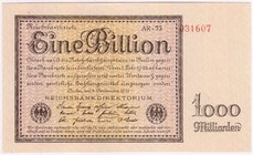 Banknoten
Die deutschen Banknoten ab 1871 nach Rosenberg
Deutsches Reich, 1871-1945
1 Bio. Mark 5.11.1923. Kn. 6-stellig, Serie AR-53.
I