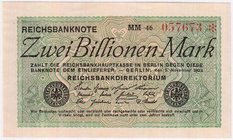 Banknoten
Die deutschen Banknoten ab 1871 nach Rosenberg
Deutsches Reich, 1871-1945
2 Bio. Mark 5.11.1923. Kn. 6-stellig, Serie MM-46.
I-