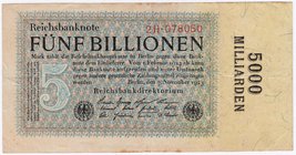 Banknoten
Die deutschen Banknoten ab 1871 nach Rosenberg
Deutsches Reich, 1871-1945
5 Bio. Mark 7.11.1923. III, leicht fleckig, selten