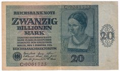 Banknoten
Die deutschen Banknoten ab 1871 nach Rosenberg
Deutsches Reich, 1871-1945
20 Bio. Mark 5.2.1924. Kn. 7-stellig. Serie C.
IV