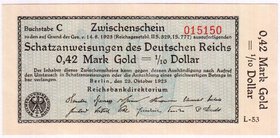 Banknoten
Die deutschen Banknoten ab 1871 nach Rosenberg
Deutsches Reich, 1871-1945
0,42 Mark Gold 23.10.1923. Kn. 6-stellig, Serie L-53.
I