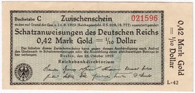 Banknoten
Die deutschen Banknoten ab 1871 nach Rosenberg
Deutsches Reich, 1871-1945
0,42 Mark Gold 23.10.1923. Kn. 6-stellig, Serie L-42.
II