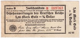 Banknoten
Die deutschen Banknoten ab 1871 nach Rosenberg
Deutsches Reich, 1871-1945
1,05 Mark Gold 23.10.1923. Kn. 6-stellig, Fz. AJ. Rs. Z.
II-II...