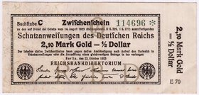 Banknoten
Die deutschen Banknoten ab 1871 nach Rosenberg
Deutsches Reich, 1871-1945
2,10 Mark Gold 23.10.1923. Kn. 6-stellig, Serie Q/E70.
II