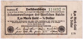 Banknoten
Die deutschen Banknoten ab 1871 nach Rosenberg
Deutsches Reich, 1871-1945
2,10 Mark Gold 23.11.1923. Kn. 6-stellig, Serie Q/E70.
II