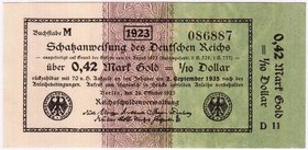 Banknoten
Die deutschen Banknoten ab 1871 nach Rosenberg
Deutsches Reich, 1871-1945
0,42 Mark Gold 26.10.1923. Kn. 6-stellig, Serie D 11.
I