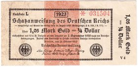 Banknoten
Die deutschen Banknoten ab 1871 nach Rosenberg
Deutsches Reich, 1871-1945
1,05 Gold Mark 26.10.1923. Kn. 6-stellig, Serie V4.
II-III