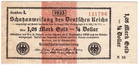 Banknoten
Die deutschen Banknoten ab 1871 nach Rosenberg
Deutsches Reich, 1871-1945
1,05 Mark Gold 26.10.1923. Kn. 6-stellig, Serie N16.
I-