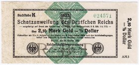 Banknoten
Die deutschen Banknoten ab 1871 nach Rosenberg
Deutsches Reich, 1871-1945
2,10 Mark Gold 26.10.1923. Kn. 6-stellig, Serie Q, AM3.
I