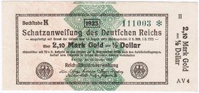 Banknoten
Die deutschen Banknoten ab 1871 nach Rosenberg
Deutsches Reich, 1871-1945
2,10 Mark Gold 26.10.1923. Kn. 6-stellig, Buchstabe K, ohne "RB...