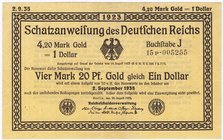 Banknoten
Die deutschen Banknoten ab 1871 nach Rosenberg
Deutsches Reich, 1871-1945
4,20 Gold Mark 25.8.1923. Kn. 6-stellig, Firmendruck Fz. 15p.
...