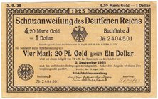 Banknoten
Die deutschen Banknoten ab 1871 nach Rosenberg
Deutsches Reich, 1871-1945
4,20 Gold Mark 25.8.1923. Kn. 7-stellig, Buchstabe J.
I-II