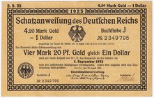 Banknoten
Die deutschen Banknoten ab 1871 nach Rosenberg
Deutsches Reich, 1871-1945
4,20 Gold Mark 25.8.1923. Kn. 7-stellig, Buchstabe J.
II-III, ...