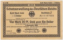 Banknoten
Die deutschen Banknoten ab 1871 nach Rosenberg
Deutsches Reich, 1871-1945
4,20 Gold Mark 25.8.1923. Kn. 8-stellig, Buchstabe J.
I-