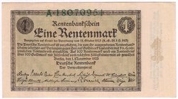 Banknoten
Die deutschen Banknoten ab 1871 nach Rosenberg
Deutsches Reich, 1871-1945
1 Rentenmark 1.11.1923. Kn. 8-stellig, Serie A.
I-