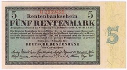 Banknoten
Die deutschen Banknoten ab 1871 nach Rosenberg
Deutsches Reich, 1871-1945
5 Rentenmark 1.11.1923. Kn. 7-stellig, Serie U.
I