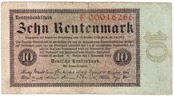 Banknoten
Die deutschen Banknoten ab 1871 nach Rosenberg
Deutsches Reich, 1871-1945
10 Rentenmark. 1.11.1923. Serie F.
II, kl. Einriß