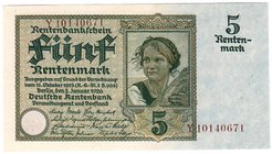 Banknoten
Die deutschen Banknoten ab 1871 nach Rosenberg
Deutsches Reich, 1871-1945
5 Rentenmark 2.1.1926. Kn. 8-stellig in braun, Serie Y.
I