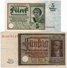 Banknoten
Die deutschen Banknoten ab 1871 nach Rosenberg
Deutsches Reich, 1871-1945
2 Stück: 50 Rentenmark 6.7.1934. Kn. 7-stellig, Serie B und 5 M...
