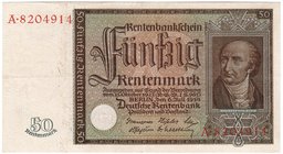 Banknoten
Die deutschen Banknoten ab 1871 nach Rosenberg
Deutsches Reich, 1871-1945
50 Rentenmark 6.7.1934. Kn. 7-stellig, Serie A.
II