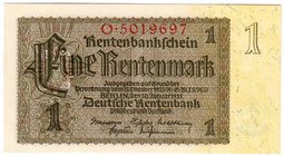 Banknoten
Die deutschen Banknoten ab 1871 nach Rosenberg
Deutsches Reich, 1871-1945
1 Rentenmark 30.1.1937. Kn. 7-stellig, Serie O.
I