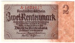 Banknoten
Die deutschen Banknoten ab 1871 nach Rosenberg
Deutsches Reich, 1871-1945
2 Rentenmark 30.1.1937. Kn. 7-stellig, Serie A.
I