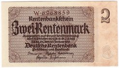 Banknoten
Die deutschen Banknoten ab 1871 nach Rosenberg
Deutsches Reich, 1871-1945
2 Rentenmark 30.1.1937. Kn. 7-stellig in braun, Serie W.
I