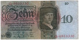 Banknoten
Die deutschen Banknoten ab 1871 nach Rosenberg
Deutsches Reich, 1871-1945
10 Rentenmark 11.10.1924. Kn. 7-stellig, Serie U/Q.
IV-III
