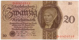 Banknoten
Die deutschen Banknoten ab 1871 nach Rosenberg
Deutsches Reich, 1871-1945
20 Reichsmark 11.10.1924. Kn. 7-stellig, Serie E/D.
III