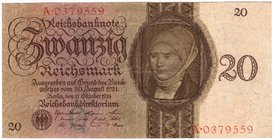 Banknoten
Die deutschen Banknoten ab 1871 nach Rosenberg
Deutsches Reich, 1871-1945
20 Reichsmark 11.10.1924. Kn. 7-stellig, Serie Q/A.
III