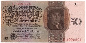 Banknoten
Die deutschen Banknoten ab 1871 nach Rosenberg
Deutsches Reich, 1871-1945
50 Reichsmark 11.10.1924. Kn. 7-stellig, Serie X/E.
I