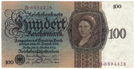 Banknoten
Die deutschen Banknoten ab 1871 nach Rosenberg
Deutsches Reich, 1871-1945
100 Reichsmark 11.10.1924. Kn. 7-stellig, Serie S/B.
I