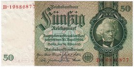 Banknoten
Die deutschen Banknoten ab 1871 nach Rosenberg
Deutsches Reich, 1871-1945
50 Reichsmark 30.3.1933. Kn 8-stellig Serie A/B
I