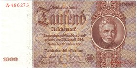 Banknoten
Die deutschen Banknoten ab 1871 nach Rosenberg
Deutsches Reich, 1871-1945
1000 Reichsmark 22.2.1936. Kn. 6-stellig. Serie G/A.
I