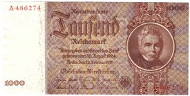 Banknoten
Die deutschen Banknoten ab 1871 nach Rosenberg
Deutsches Reich, 1871-1945
1000 Reichsmark 22.2.1936. Kn. 6-stellig, Serie G/A.
I