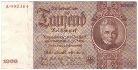 Banknoten
Die deutschen Banknoten ab 1871 nach Rosenberg
Deutsches Reich, 1871-1945
Muster 1000 Reichsmark 22.2.1936. Kn. 6-stellig, Serie G/A. Mit...