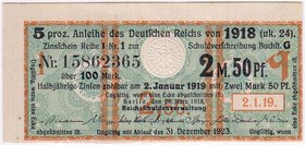 Banknoten
Die deutschen Banknoten ab 1871 nach Rosenberg
Deutsches Reich, 1871-1945, Reichsschuldenverwaltung
2,50 Mark Zinskupon der Anleihe 1918....