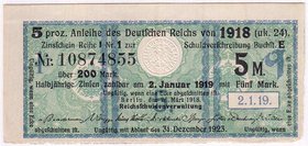 Banknoten
Die deutschen Banknoten ab 1871 nach Rosenberg
Deutsches Reich, 1871-1945, Reichsschuldenverwaltung
5 Mark Zinskupon der Anleihe 1918. II