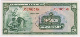 Banknoten
Die deutschen Banknoten ab 1871 nach Rosenberg
Westliche Besatzungszonen und BRD, ab 1948
20 Deutsche Mark 1948, mit B-Stempel. Serie J/H...