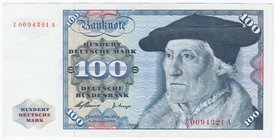 Banknoten
Die deutschen Banknoten ab 1871 nach Rosenberg
Westliche Besatzungszonen und BRD, ab 1948
100 Deutsche Mark 2.1.1960. Ersatznote Z/A.
II