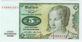 Banknoten
Die deutschen Banknoten ab 1871 nach Rosenberg
Westliche Besatzungszonen und BRD, ab 1948
5 Deutsche Mark 2.1.1970. Ersatznote Z/A.
I-II...