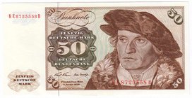 Banknoten
Die deutschen Banknoten ab 1871 nach Rosenberg
Westliche Besatzungszonen und BRD, ab 1948
50 Deutsche Mark 2.1.1970. Serie KE/B.
I-
